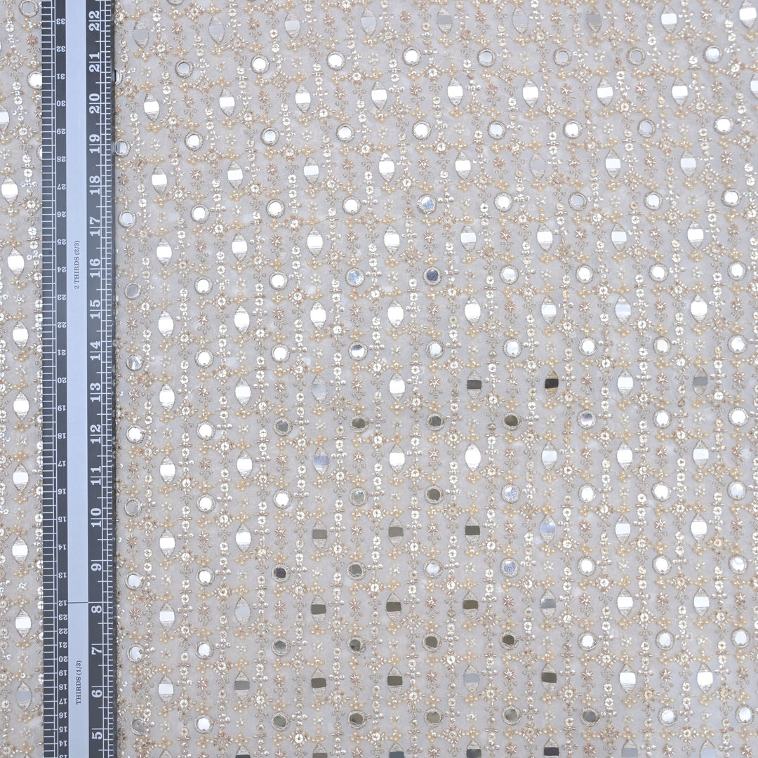 White Georgette Fabric with allover Mirrorwork, Zariwork & Pearl | 54859