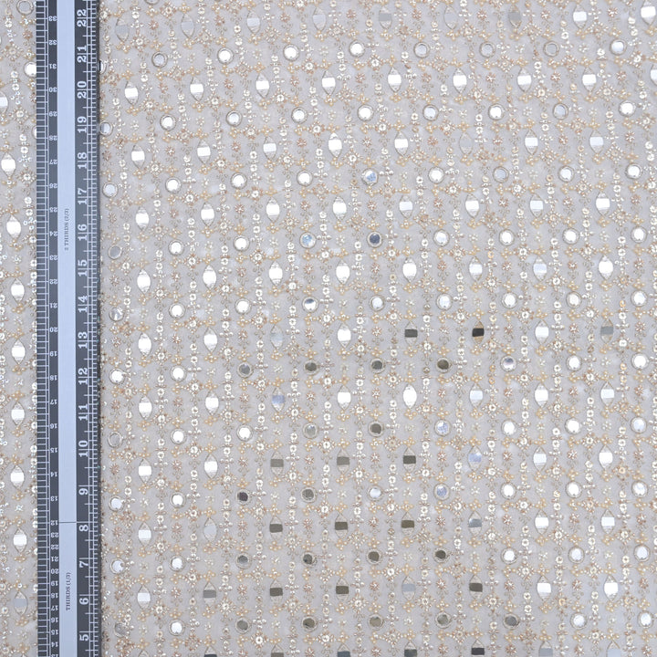 White Georgette Fabric with allover Mirrorwork, Zariwork & Pearl | 54859