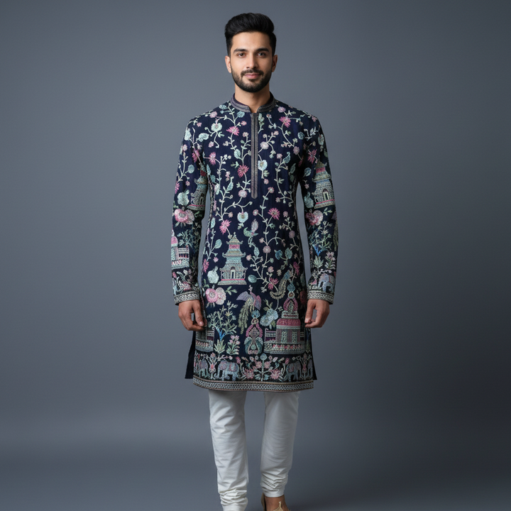 Navy Blue allover Resham Dhaga Embroidery Kurta Set