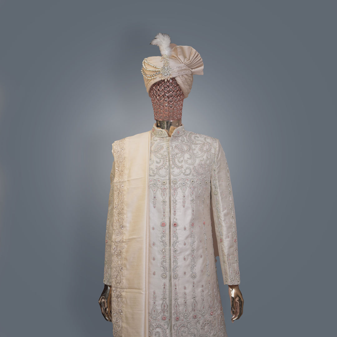 Exquisite Pastel Cream Designer Sherwani with allover Silver Zari & Cutdana Embroidery | Luxury Wedding & Groom Wear