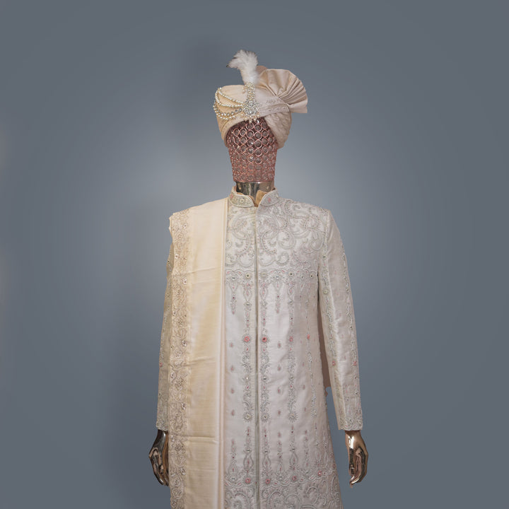 Exquisite Pastel Cream Designer Sherwani with allover Silver Zari & Cutdana Embroidery | Luxury Wedding & Groom Wear