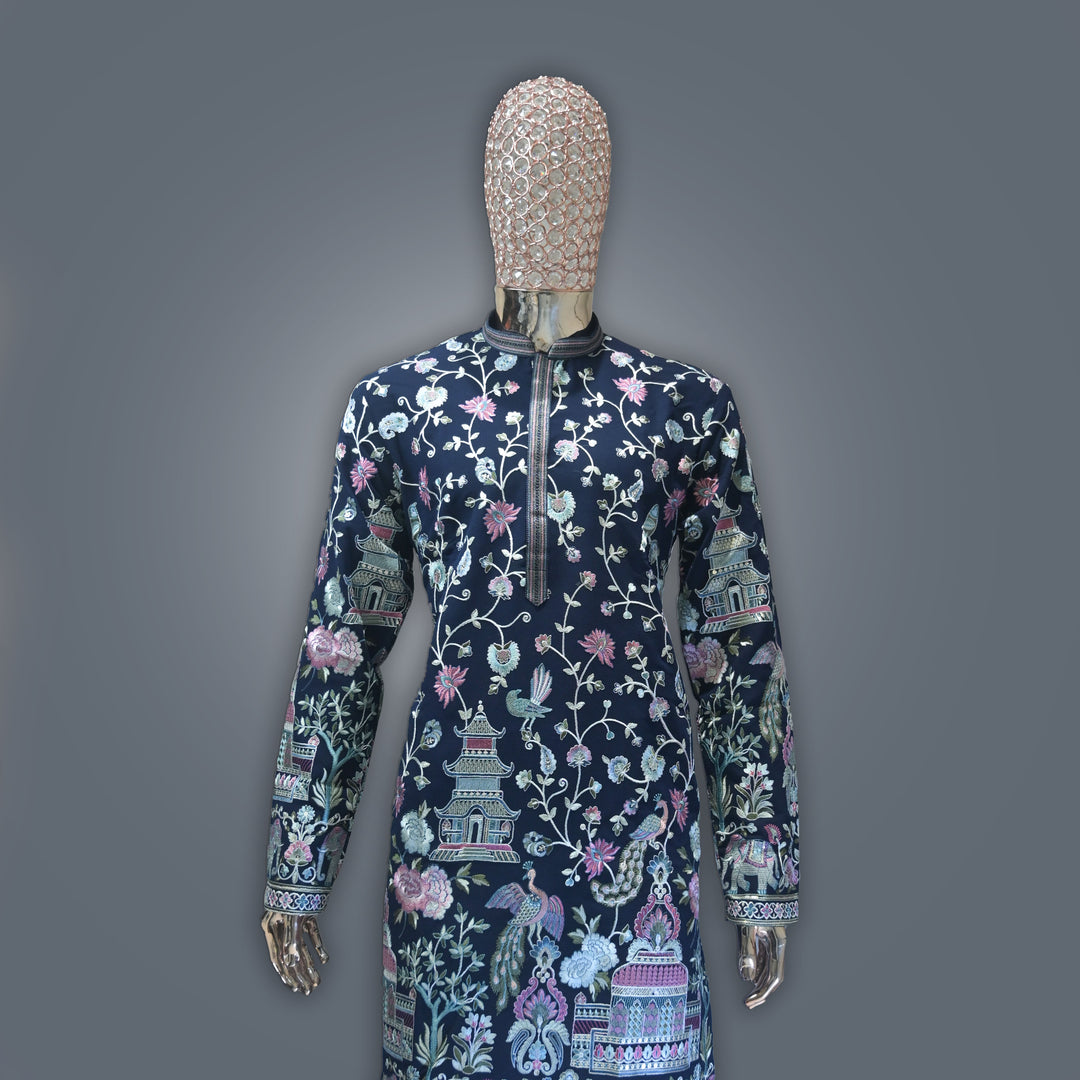 Navy Blue allover Resham Dhaga Embroidery Kurta Set