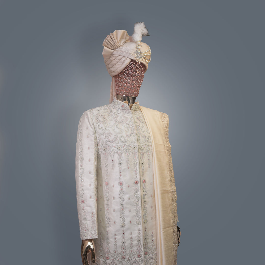 Exquisite Pastel Cream Designer Sherwani with allover Silver Zari & Cutdana Embroidery | Luxury Wedding & Groom Wear