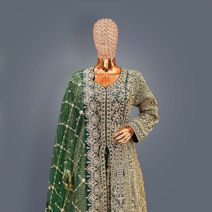 Bottle Green Designer Bridal Lehenga Dress with Heavy Zari, Cutdana and Hand Embroidery