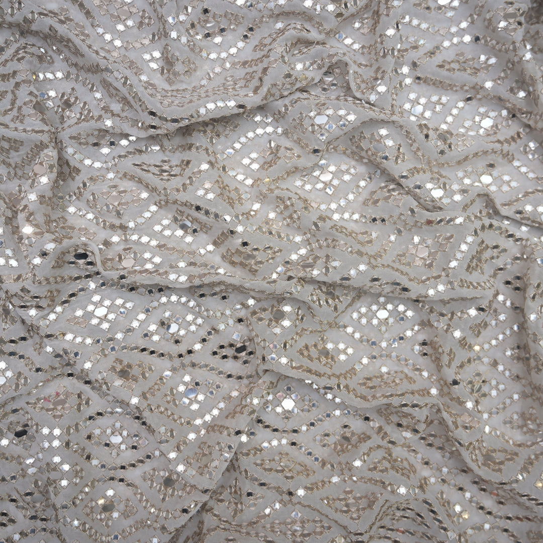 White Georgette Dyeable Fabric with allover Zari Mirrorwork & Sequins Embroidery