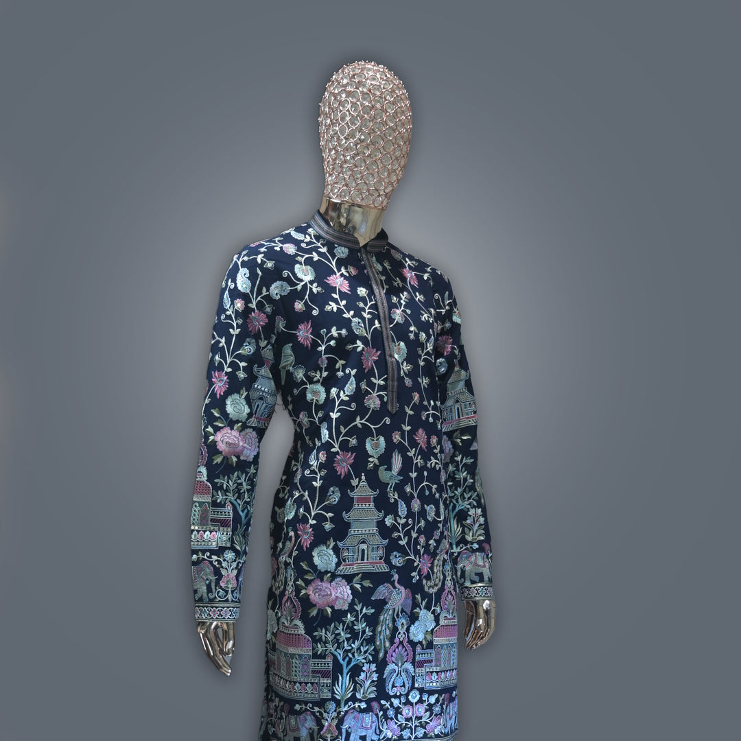 Navy Blue allover Resham Dhaga Embroidery Kurta Set
