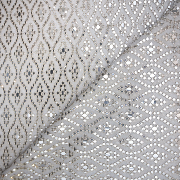 White Georgette Dyeable Fabric with allover Zari Mirrorwork & Sequins Embroidery