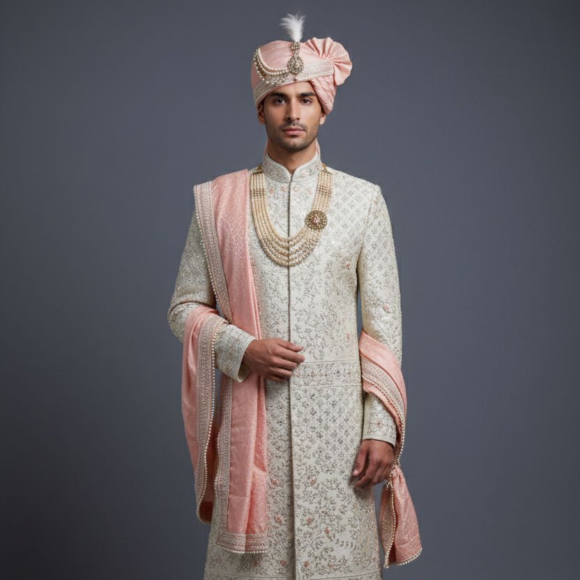 Ivory Raw Silk Sherwani with allover Cutdana Handwork Embroidery