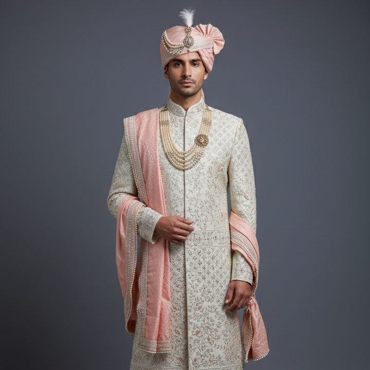 Ivory Raw Silk Sherwani with allover Cutdana Handwork Embroidery