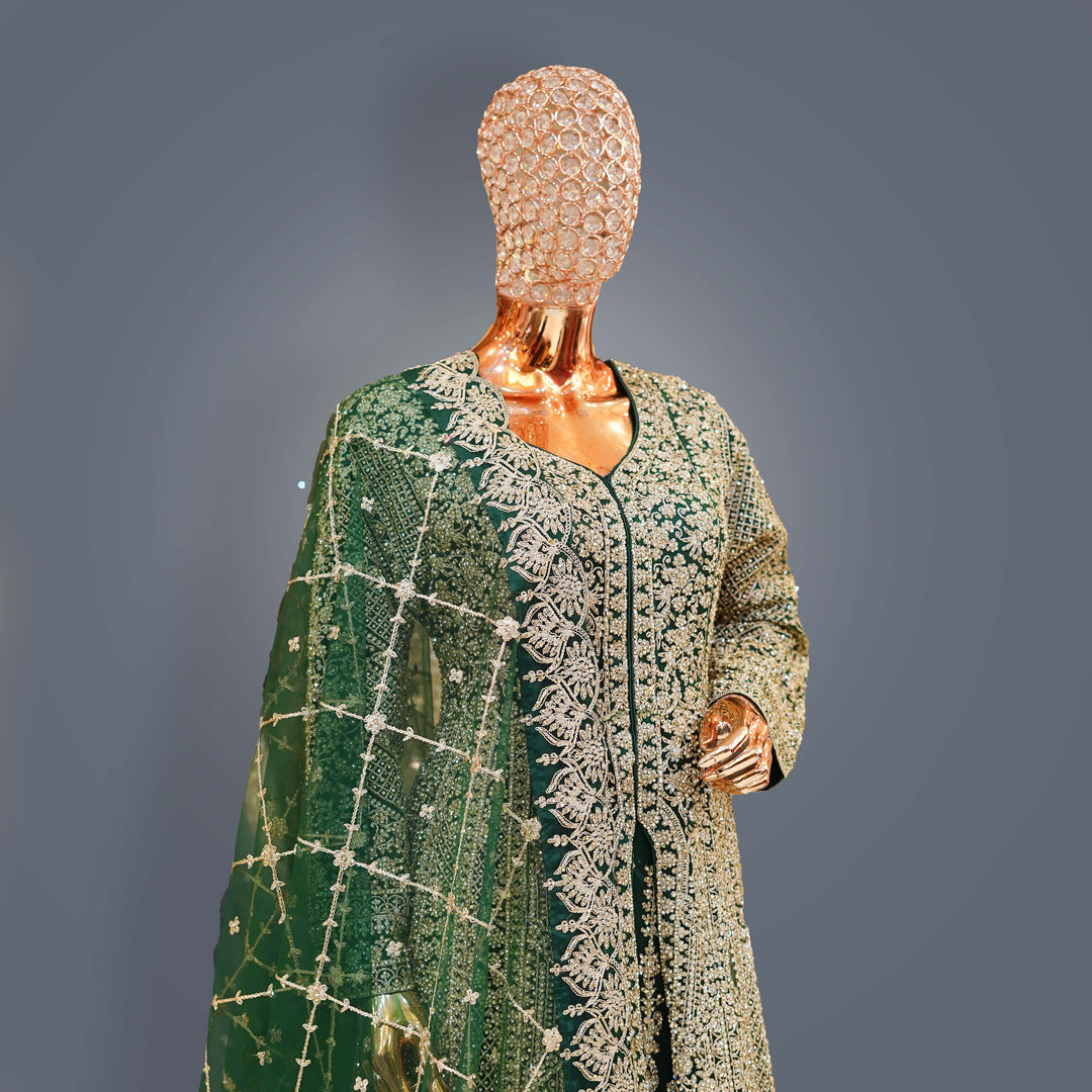 Bottle Green Designer Bridal Lehenga Dress with Heavy Zari, Cutdana and Hand Embroidery