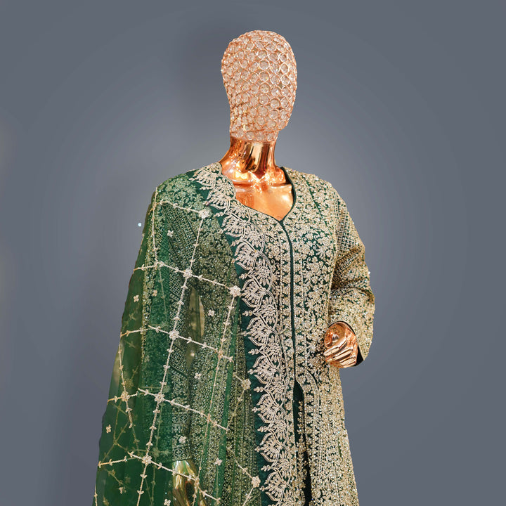 Bottle Green Designer Bridal Lehenga Dress with Heavy Zari, Cutdana and Hand Embroidery