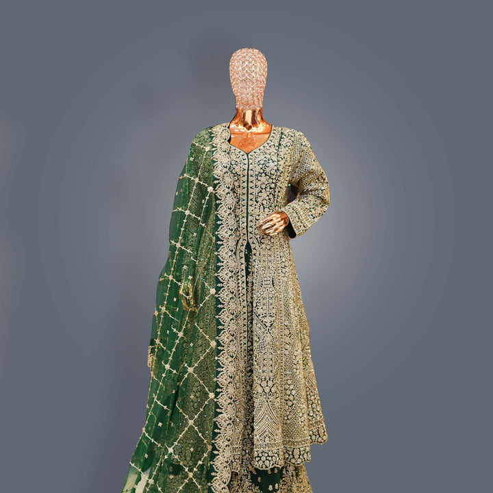 Bottle Green Designer Bridal Lehenga Dress with Heavy Zari, Cutdana and Hand Embroidery