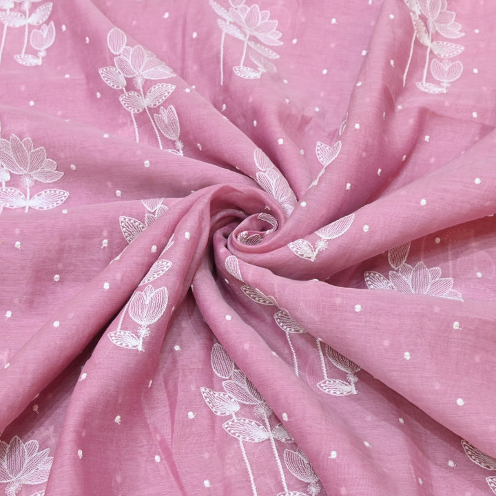 Fuchsia Pink Mul Chanderi Fabric with Thread Embroidery