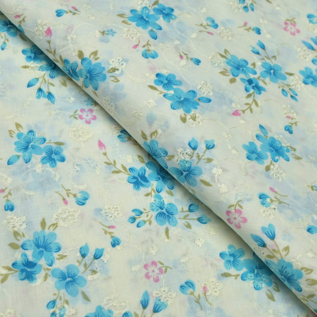 Floral Digital Print Cotton Chikan Embroidery Fabrics