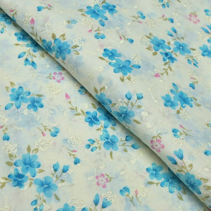 Floral Digital Print Cotton Chikan Embroidery Fabrics