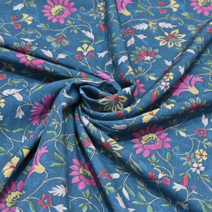 Teal Blue Omura Cotton Floral Vine Print
