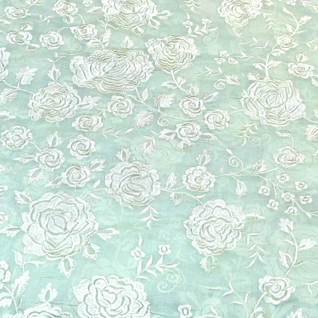 Sage Green Color Mul Chanderi Thread Embroidery Fabric – Soft Summer Designer Fabric-CD2116-3