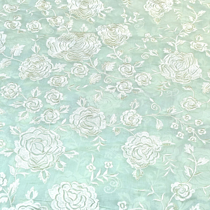 Sage Green Color Mul Chanderi Thread Embroidery Fabric – Soft Summer Designer Fabric-CD2116-3