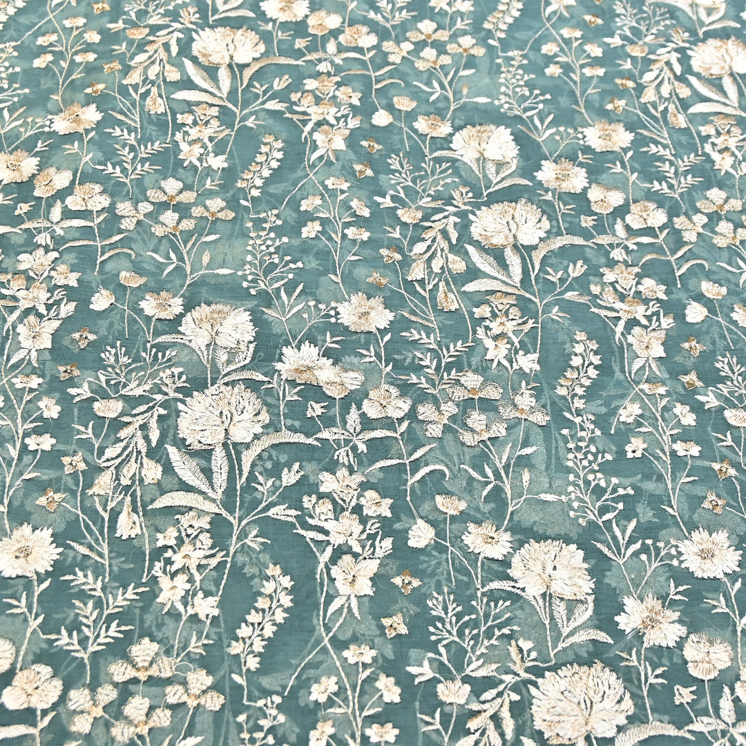 Teal Green Color Mul Chanderi Thread Embroidery Fabric – Soft Lightweight Designer Fabric- SW2653-1
