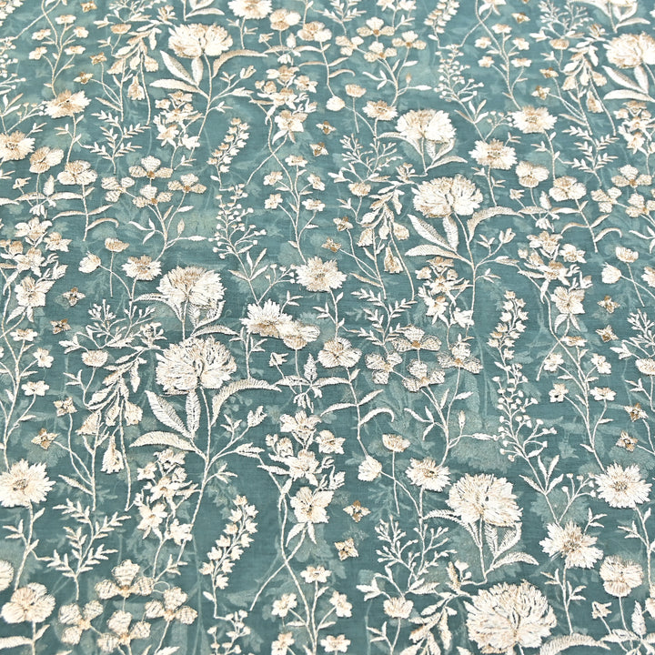 Teal Green Color Mul Chanderi Thread Embroidery Fabric – Soft Lightweight Designer Fabric- SW2653-1