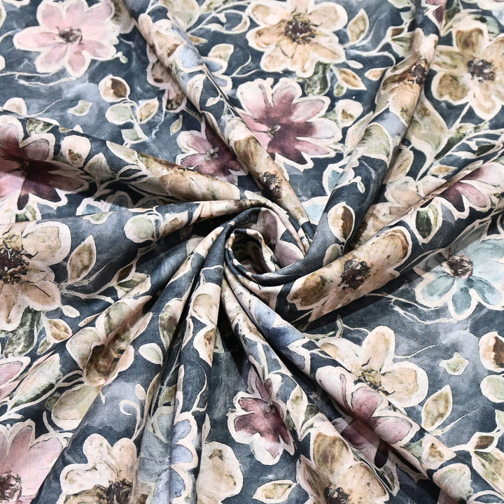 Navy Blue Floral Italian Lawn Print Fabric