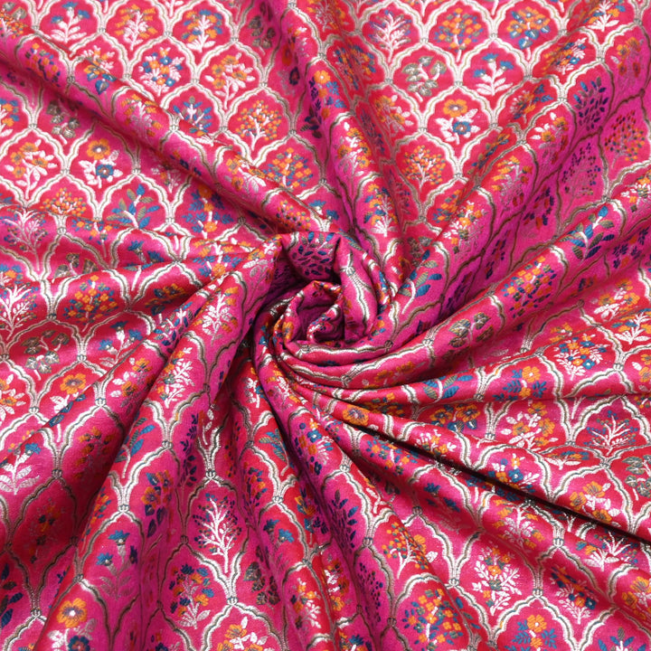 Magenta Satin Mina Zari Brocade Fabric