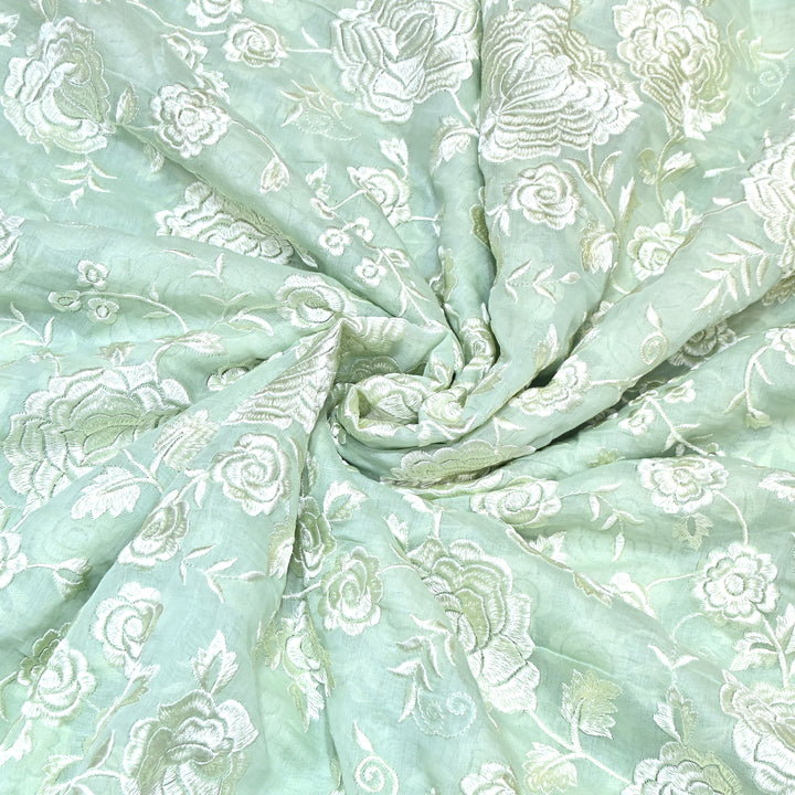 Sage Green Color Mul Chanderi Thread Embroidery Fabric – Soft Summer Designer Fabric-CD2116-3