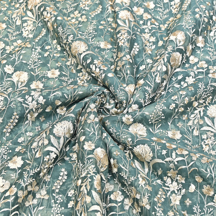 Teal Green Color Mul Chanderi Thread Embroidery Fabric – Soft Lightweight Designer Fabric- SW2653-1