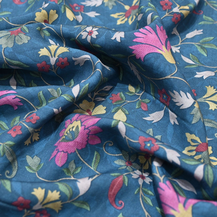 Teal Blue Omura Cotton Floral Vine Print