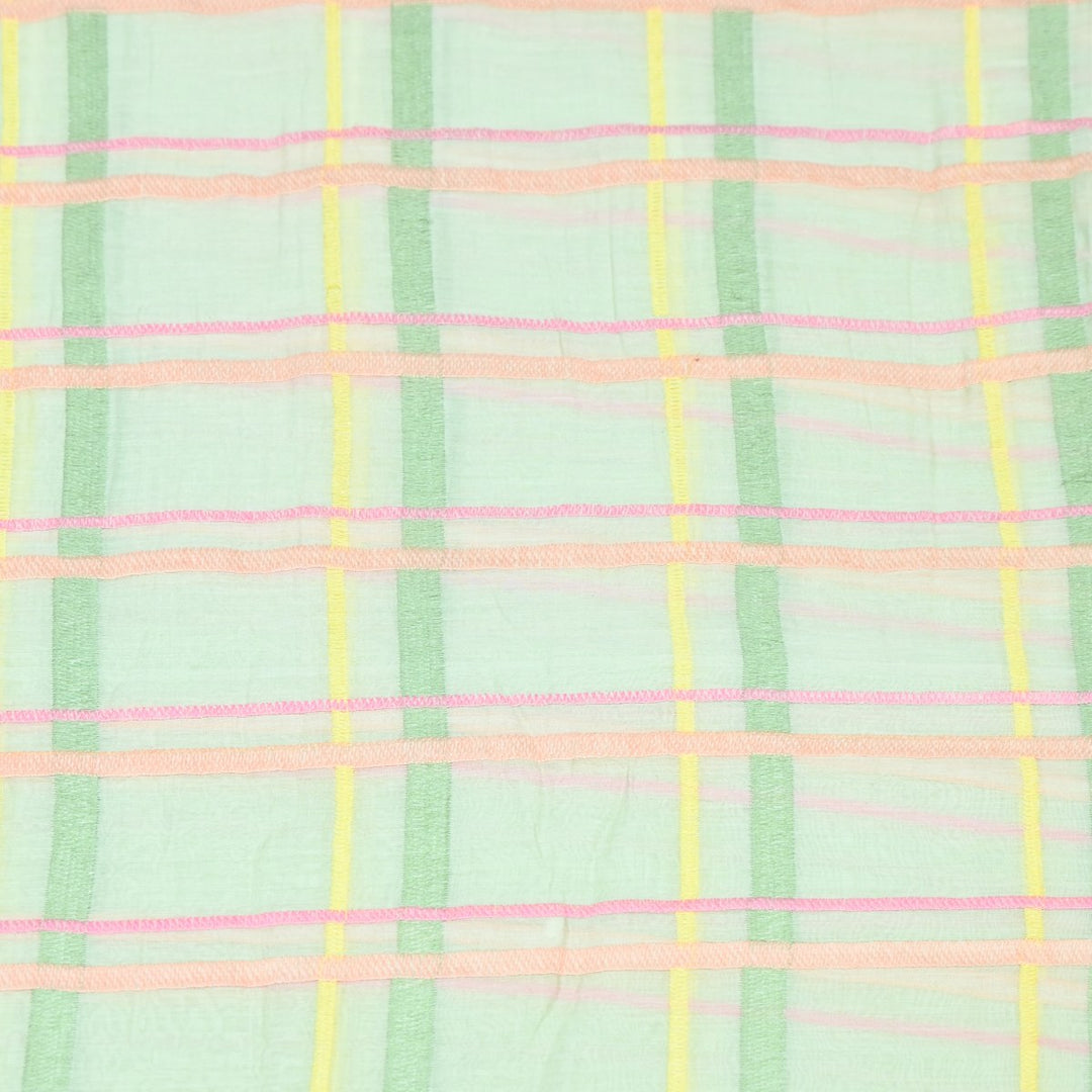 Lime Green Color Mul Chanderi Thread Embroidery Fabric – Soft Lightweight Designer Fabric-V2189C-3