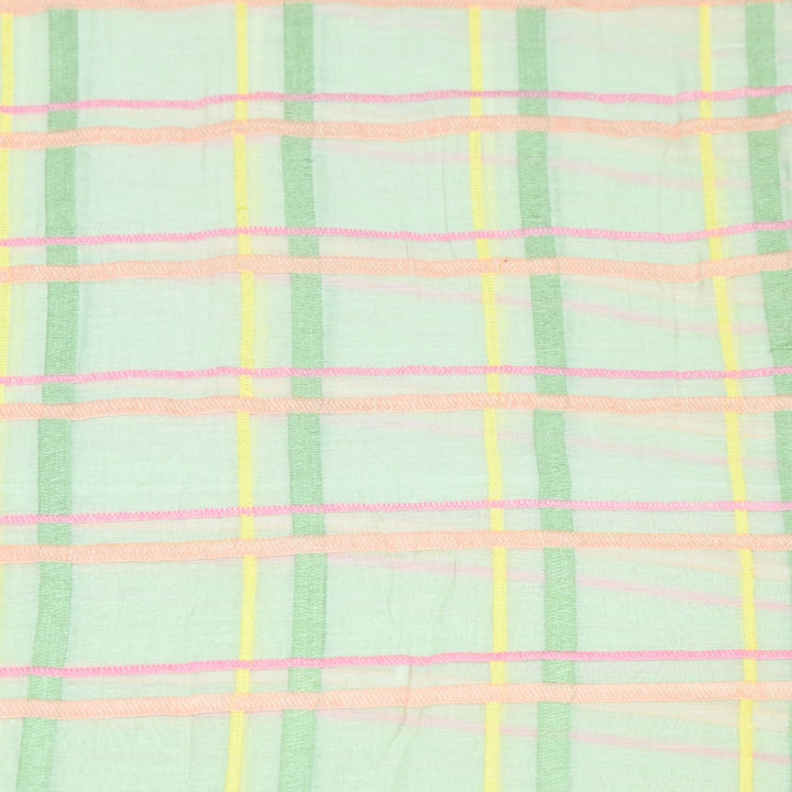 Lime Green Color Mul Chanderi Thread Embroidery Fabric – Soft Lightweight Designer Fabric-V2189C-3