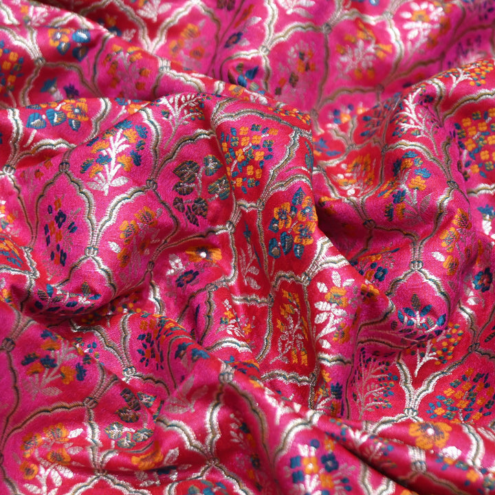 Magenta Satin Mina Zari Brocade Fabric