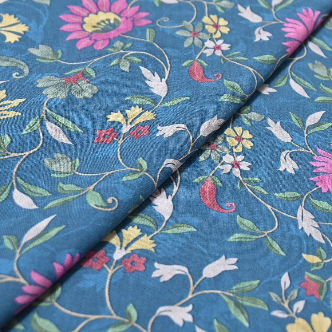 Teal Blue Omura Cotton Floral Vine Print