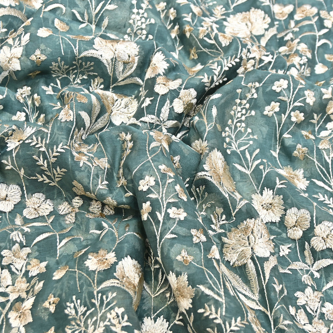 Teal Green Color Mul Chanderi Thread Embroidery Fabric – Soft Lightweight Designer Fabric- SW2653-1