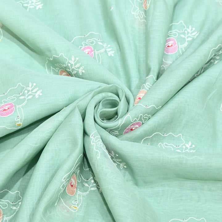 Sea Blue Mul Chanderi Fabric with allover sequence Thread Embroidery.