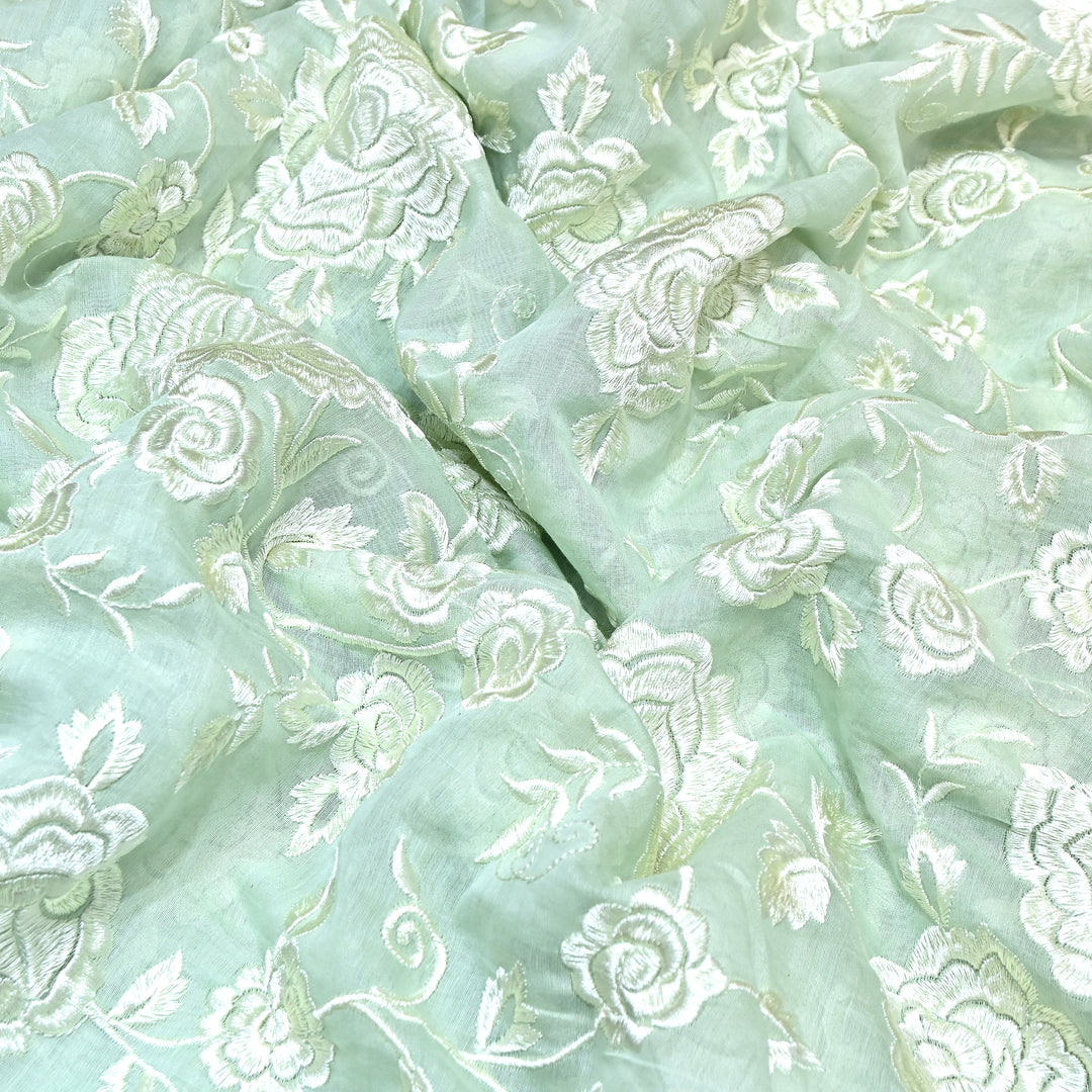 Sage Green Color Mul Chanderi Thread Embroidery Fabric – Soft Summer Designer Fabric-CD2116-3