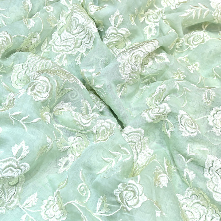 Sage Green Color Mul Chanderi Thread Embroidery Fabric – Soft Summer Designer Fabric-CD2116-3
