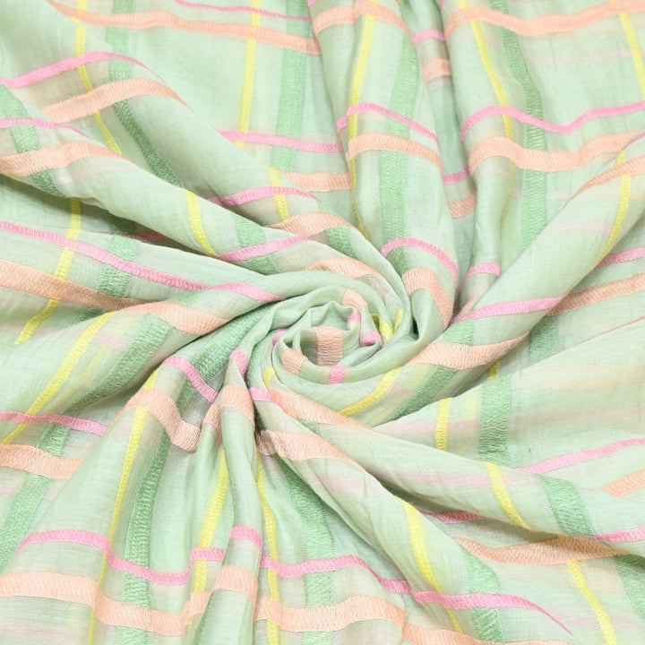 Lime Green Color Mul Chanderi Thread Embroidery Fabric – Soft Lightweight Designer Fabric-V2189C-3