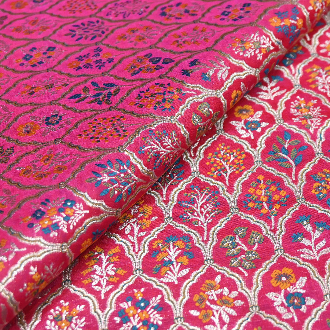 Magenta Satin Mina Zari Brocade Fabric