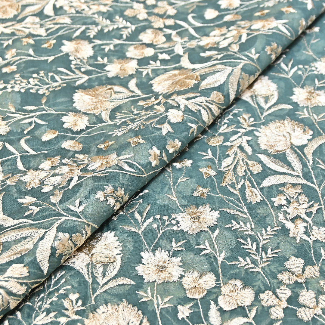 Teal Green Color Mul Chanderi Thread Embroidery Fabric – Soft Lightweight Designer Fabric- SW2653-1