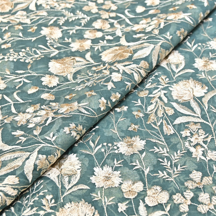 Teal Green Color Mul Chanderi Thread Embroidery Fabric – Soft Lightweight Designer Fabric- SW2653-1