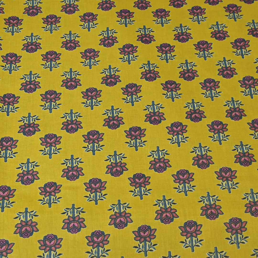 Vintage Yellow Cotton Printed Fabric