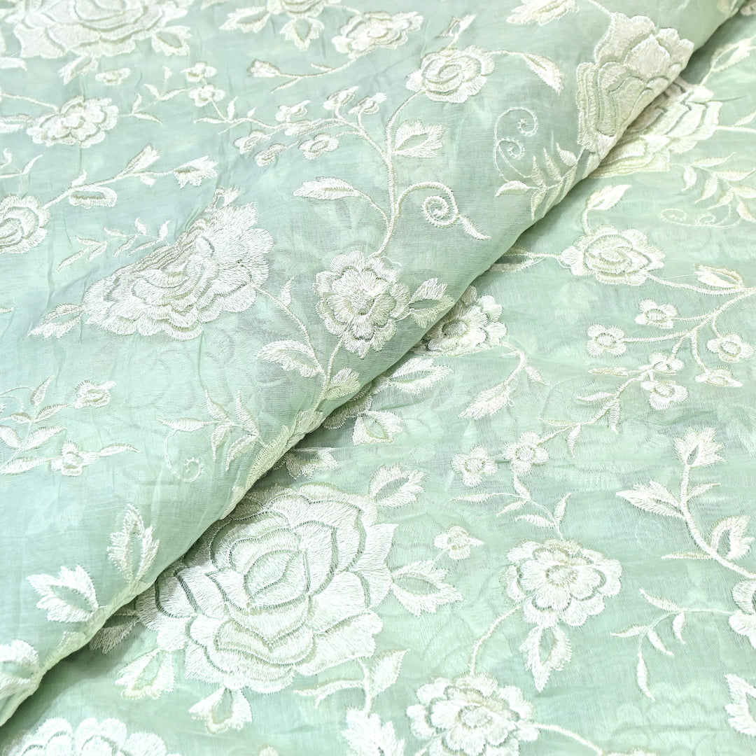 Sage Green Color Mul Chanderi Thread Embroidery Fabric – Soft Summer Designer Fabric-CD2116-3