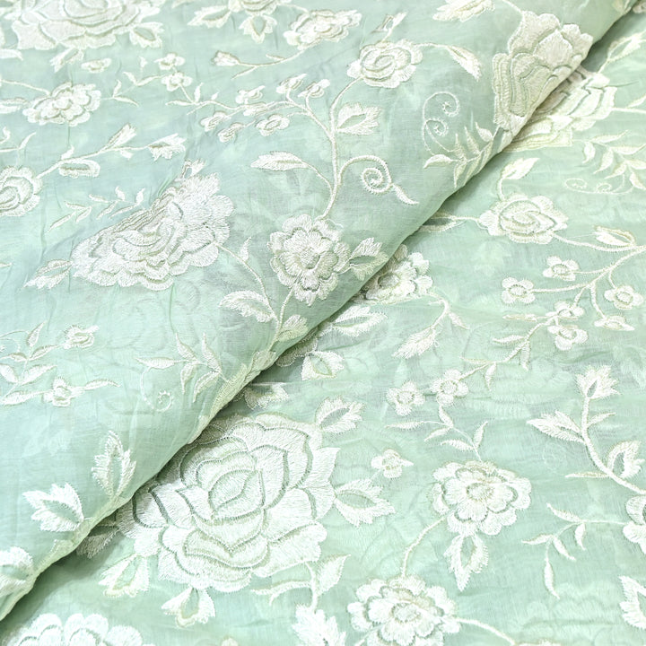 Sage Green Color Mul Chanderi Thread Embroidery Fabric – Soft Summer Designer Fabric-CD2116-3
