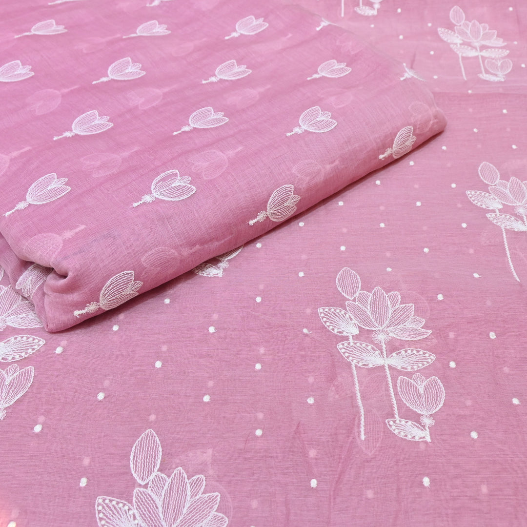 Fuchsia Pink Mul Chanderi Fabric with Thread Embroidery