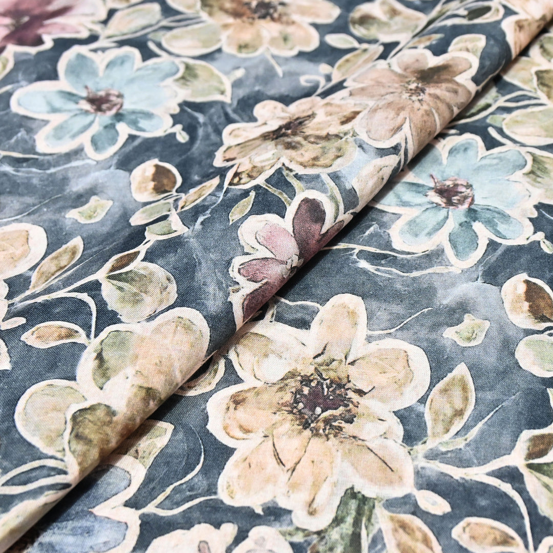 Navy Blue Floral Italian Lawn Print Fabric