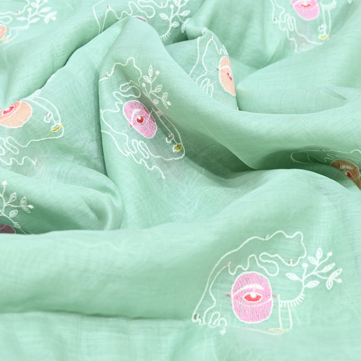 Sea Blue Mul Chanderi Fabric with allover sequence Thread Embroidery.