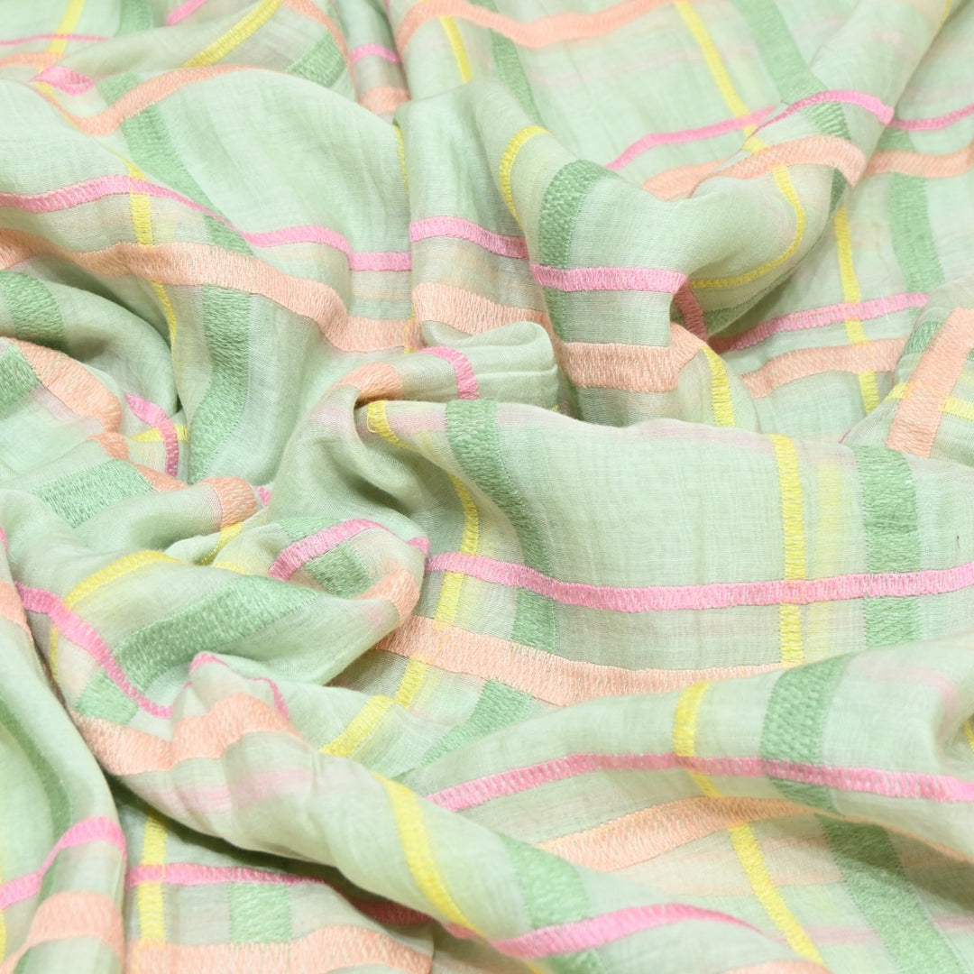 Lime Green Color Mul Chanderi Thread Embroidery Fabric – Soft Lightweight Designer Fabric-V2189C-3