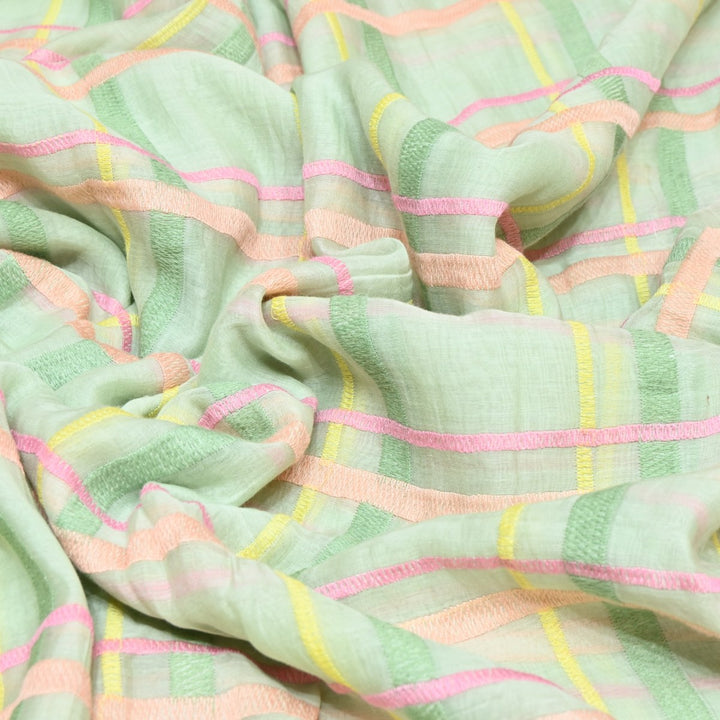 Lime Green Color Mul Chanderi Thread Embroidery Fabric – Soft Lightweight Designer Fabric-V2189C-3