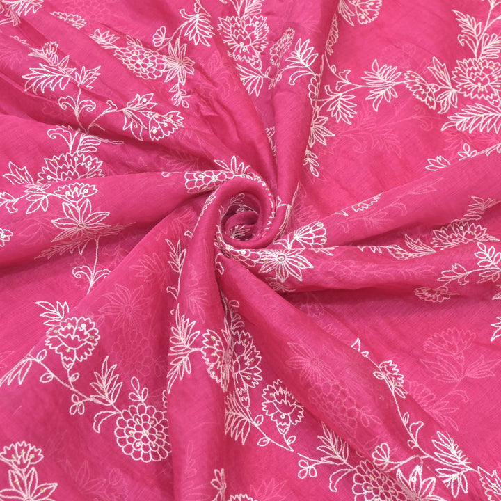 Cotton Chanderi Thread With Sequins Embroidery Fabric
